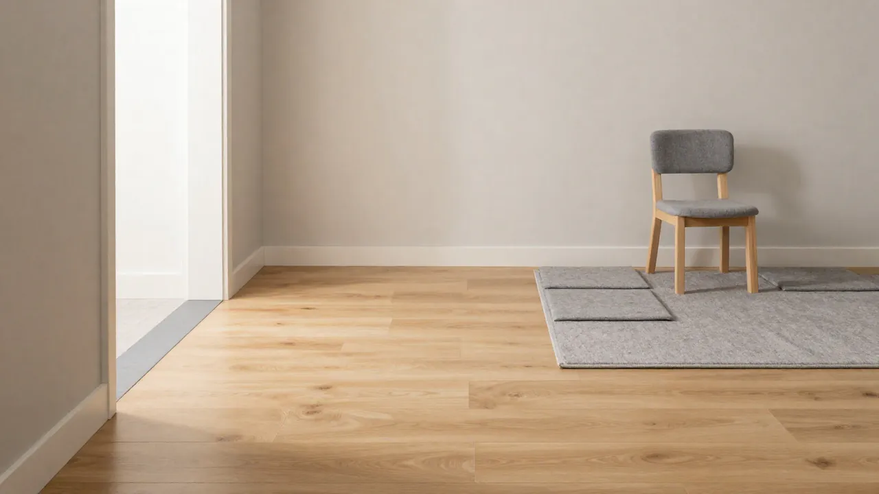 Panele winylowe czy laminowane, które wybrać? Cichy pokój z laminowaną podłogą i próbką winylu - Panele winylowe czy laminowane – które wybrać?