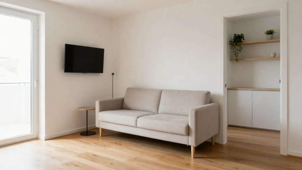Jak urządzić mały salon, żeby wydawał się większy? Lekka sofa, zamknięte schowki i wolne przejście porządkują niewielką przestrzeń.