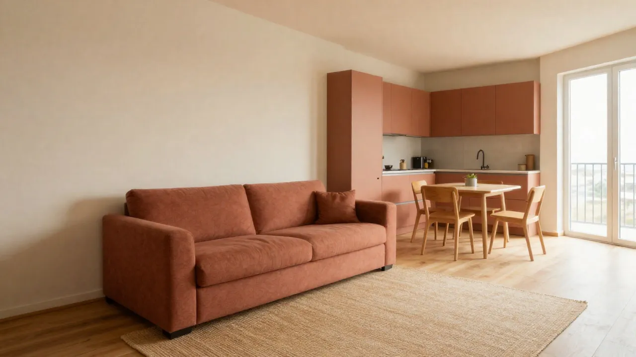 Jak ustawić meble w małym salonie? Sofa i niska szafka wydzielające strefę wypoczynkową
