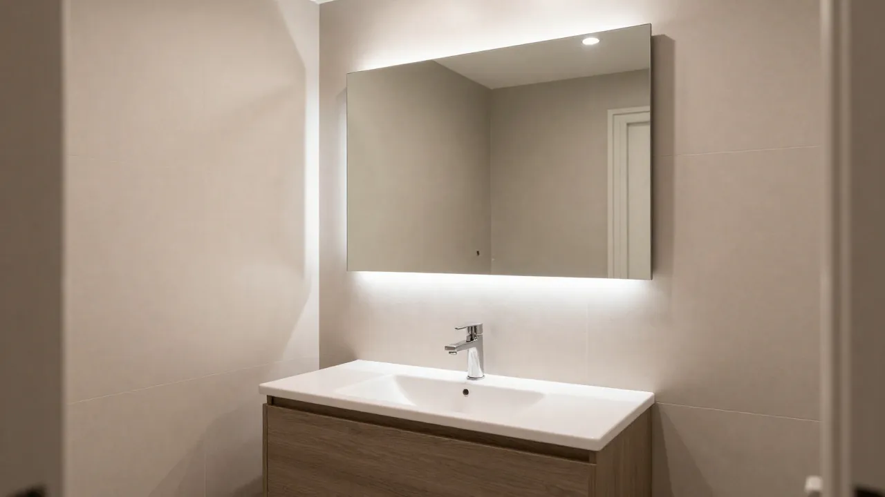 Prostokątne lustro łazienkowe nad umywalką i szafką