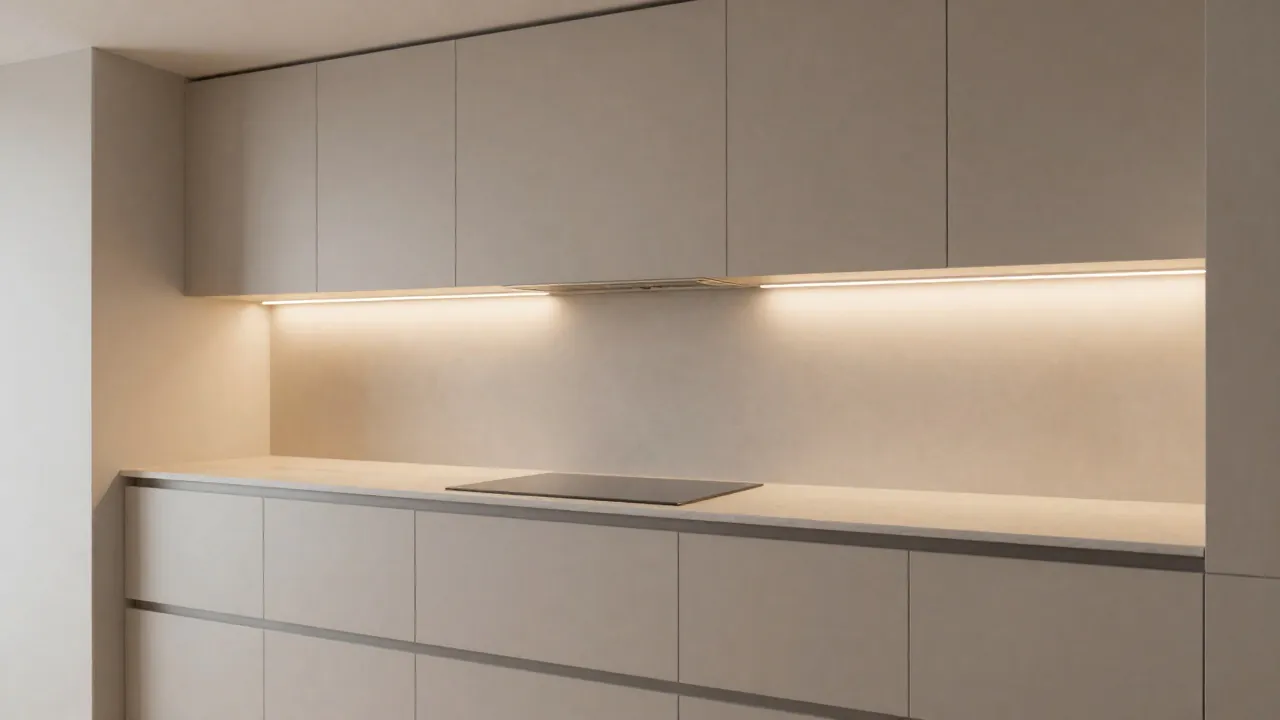 Taśma LED w profilu aluminiowym oświetla blat pod szafkami kuchennymi