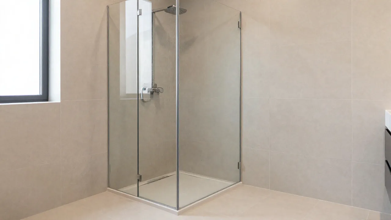 Otwarty prysznic walk-in z taflą szkła i odpływem liniowym w łazience