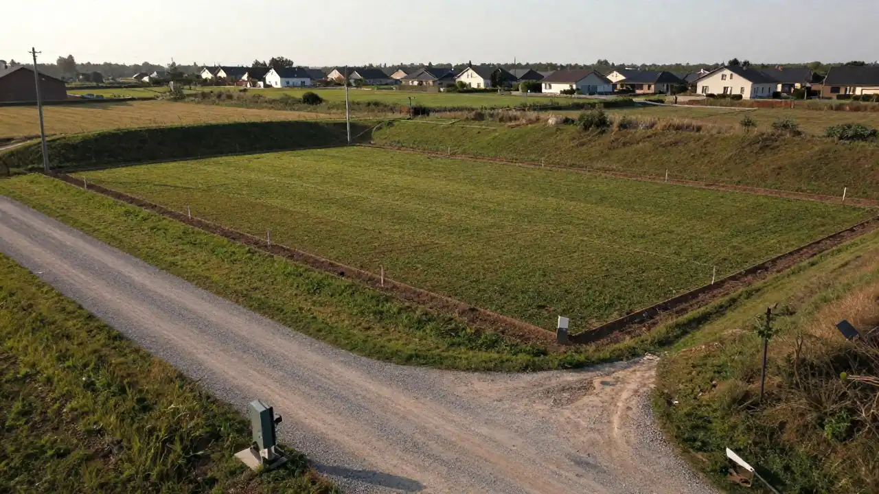 Działka budowlana z wyznaczonymi granicami, drogą dojazdową i siecią przy drodze